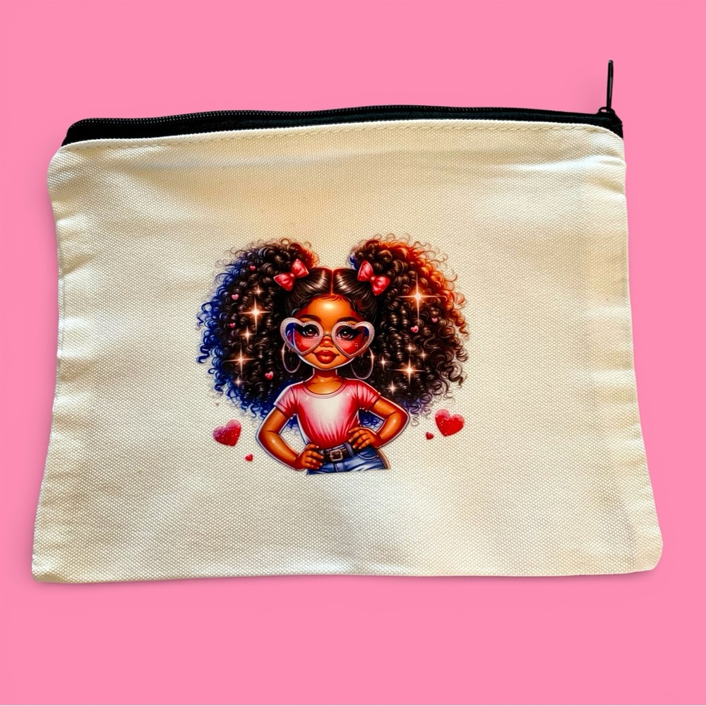 Heart-Print ‘Confident Girl’ Canvas Cosmetic or Feminine hygiene Pouch -handmade